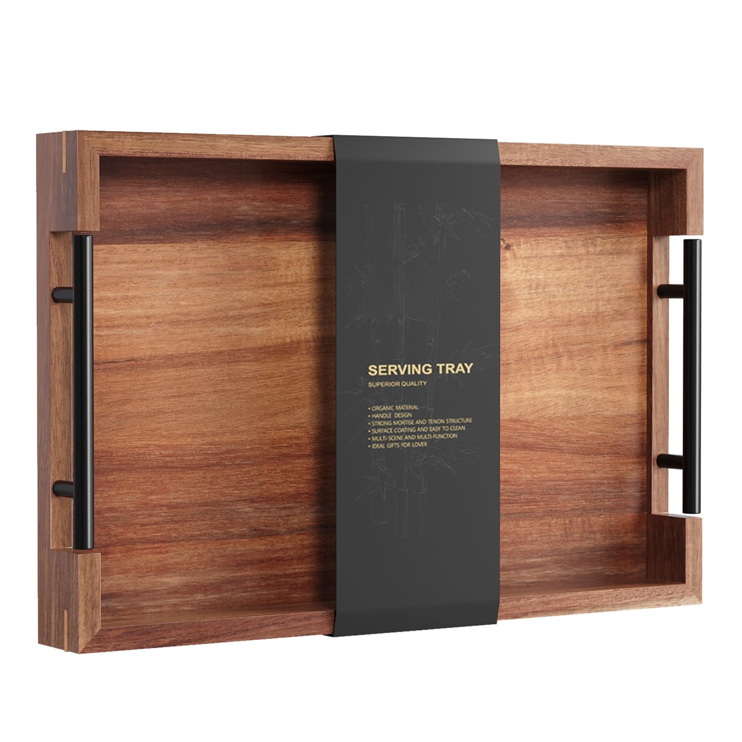 Danfoxer Acacia Wood Serving Tray with Metal Handles, Ottoman Trays（Small）