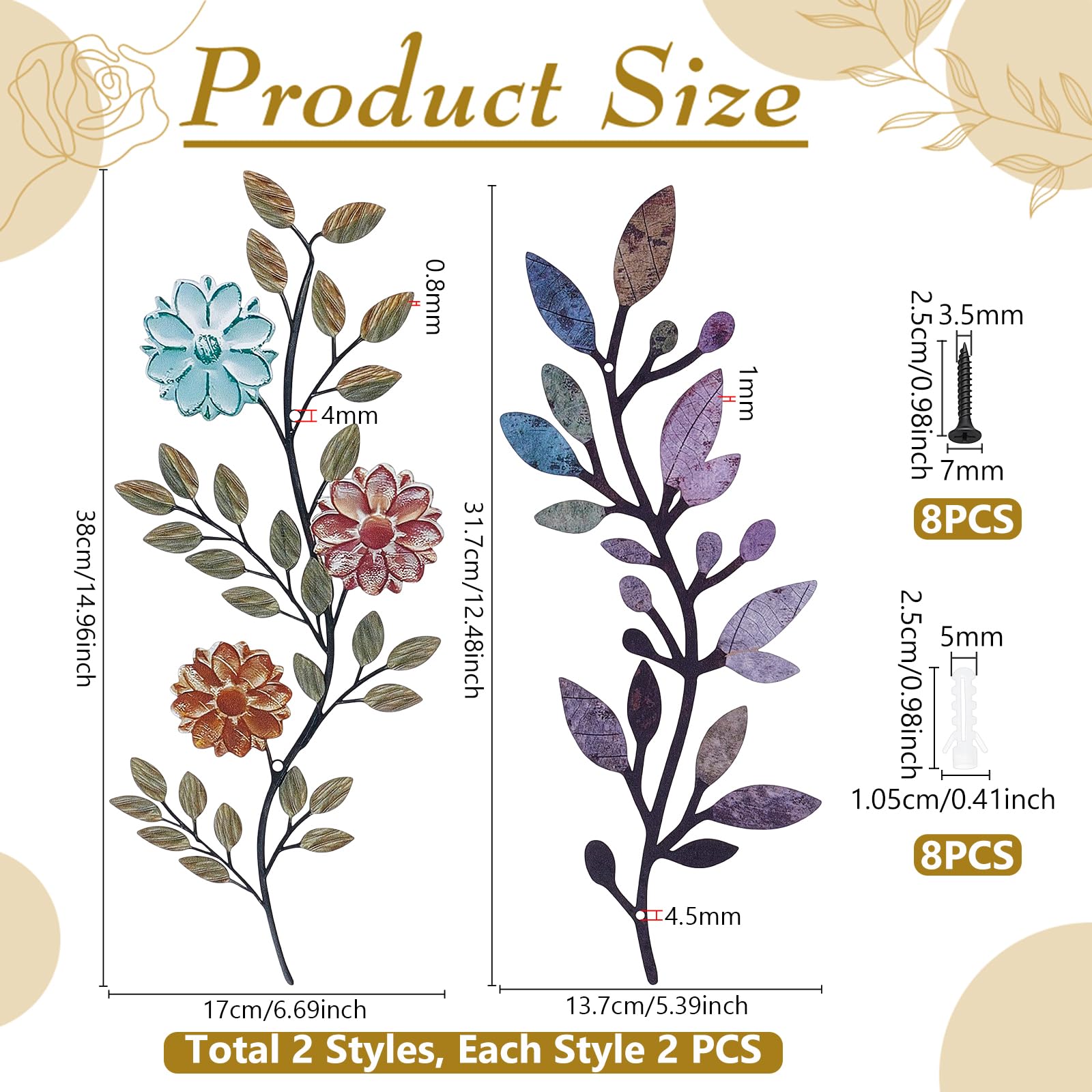 INTERWARM 4 pezzi 2 stili in metallo fiore foglie arte della parete
