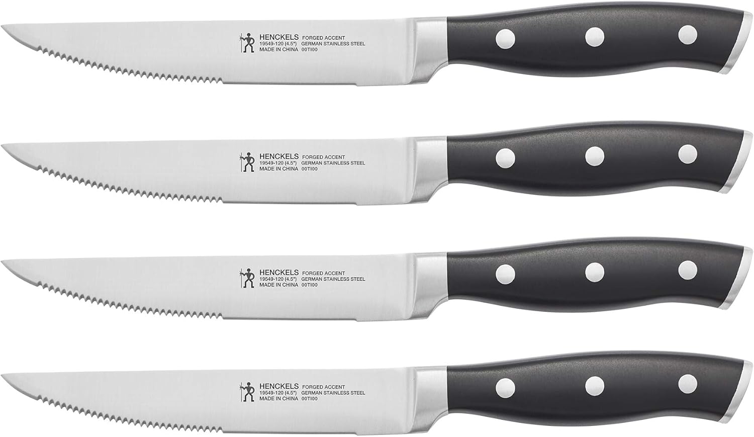 Henckels Forged Accent 4-Piece Steak Knife Set - Razor-Sharp German Engineered Blades, Durable Forged Bolster, Black Triple-Riveted Handles