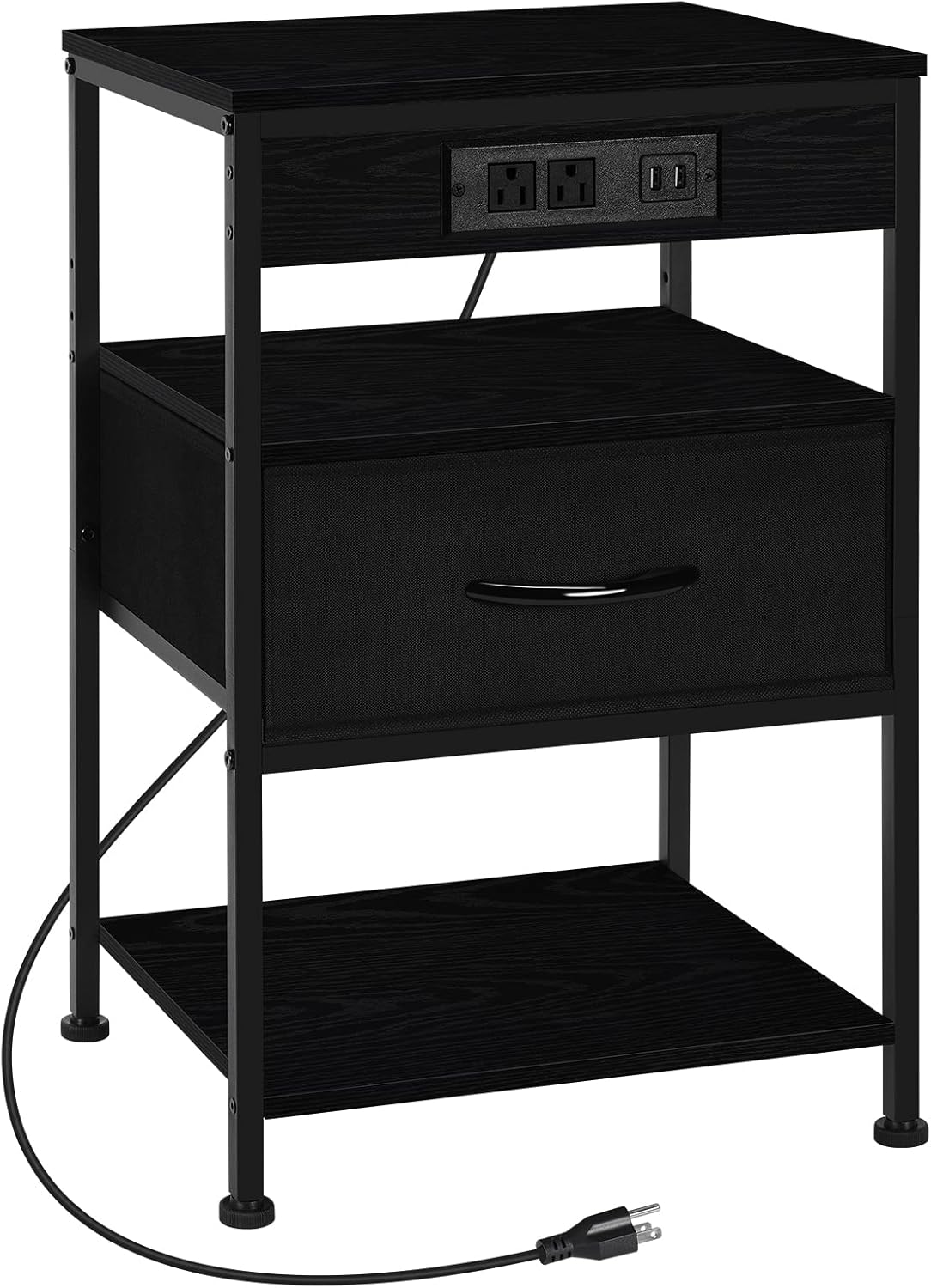Black Nightstand with Charging Station, Bed Side Table with USB Ports
