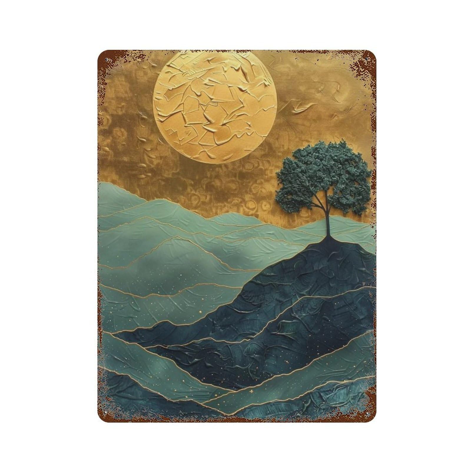 Wihyrtui Style Teal Layered Papercut Gilded Moon Mountain Forest 04 Wall Retro Iron Metal Tin Sign Vintage Art Poster Modern Home Cofffee Club Art Bar Shop Decor 40X30cm