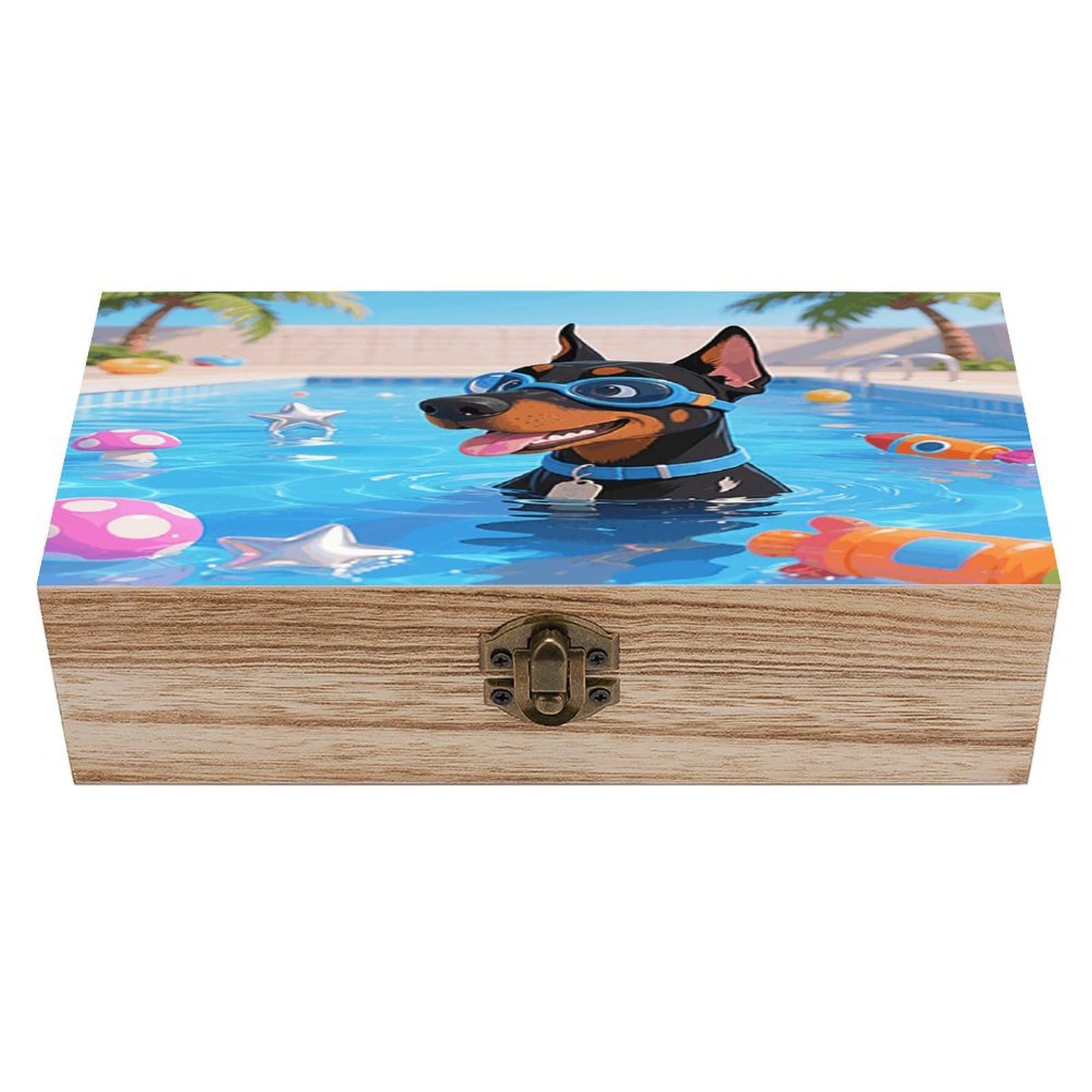 VstaDank Doberman Pool Adventure Wooden Storage Box Vintage Style Wooden Storage Case with A Hinged Lid Memory Treasure Boxes Decorative Jewelny Photos for Organizer 7.9 * 3.7 * 2.3 Inch