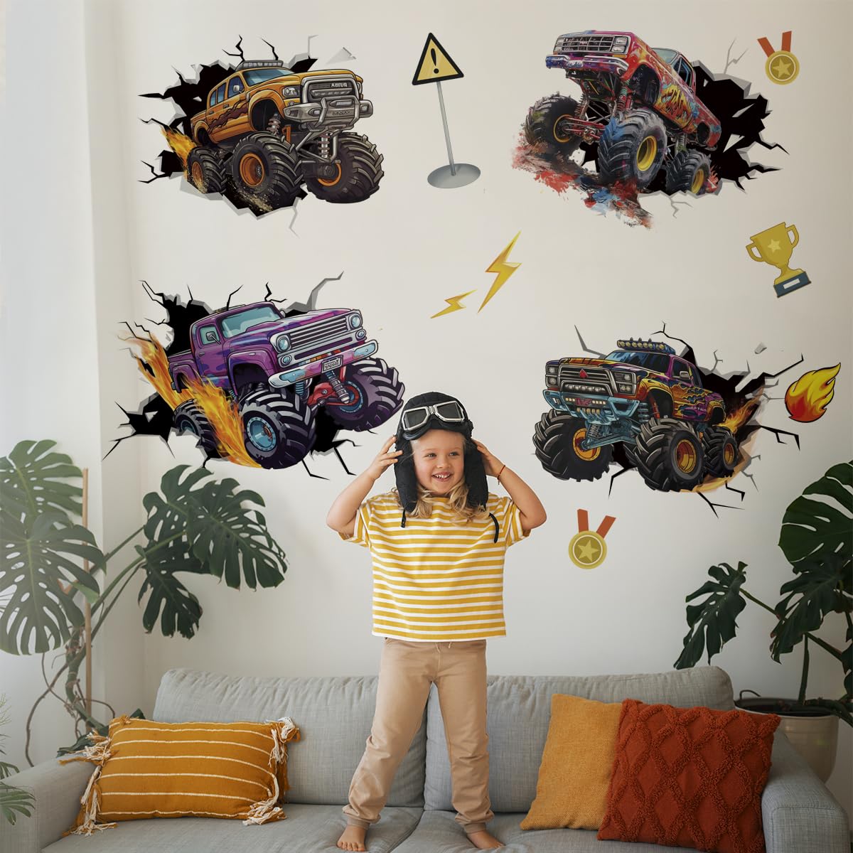 Runtoo Naklejki ścienne Monster Truck 3D Break Through Racing Cars Naklejki ścienne do pokoju chłopców Dzieci Sypialnia Dekoracja ścienna