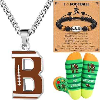 Football Gifts Set A-Z Letter Football Necklace for Men Novelty Football Socks&Football Bracelets for Football Lovers