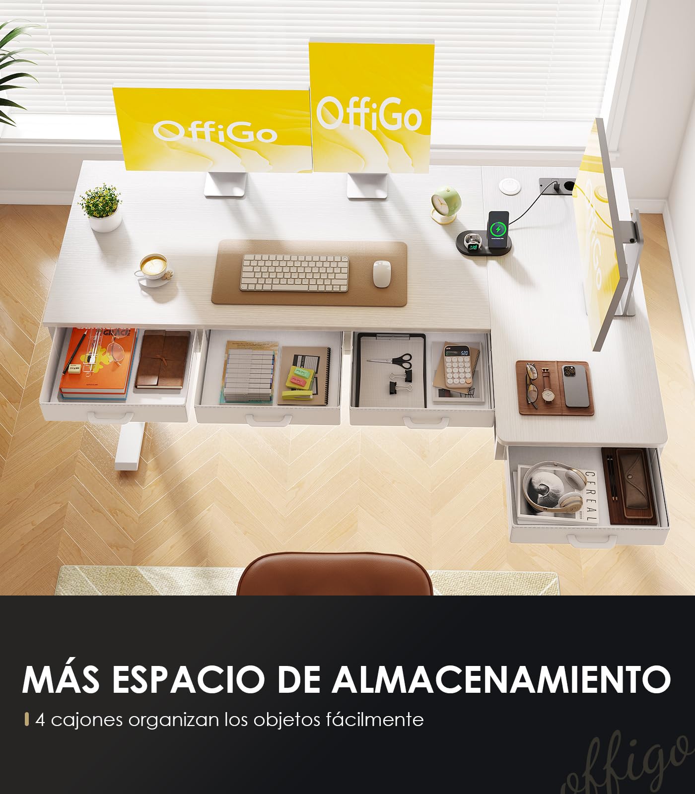 OffiGo Escritorio Elevable Esquinero con 4 Cajones, 140 x 80 cm, Blanco