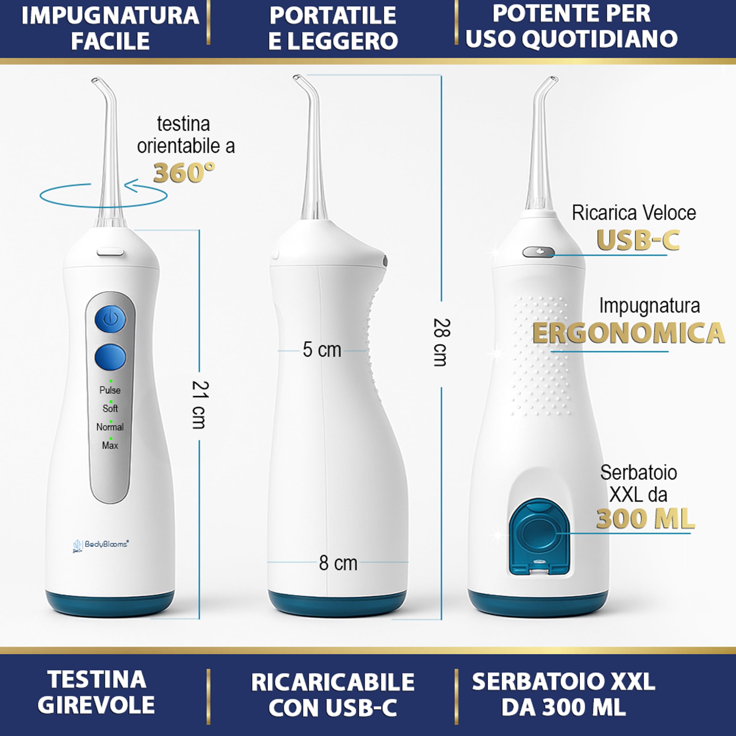 Idropulsore Dentale Portatile DENTAL V-PRO da 300ml. Idropulsore denti,alta pressione con 5 ugelli +1 specchio per pulizia denti profonda. Water flosser Impermeabile. Irrigatore Orale pulizia profonda