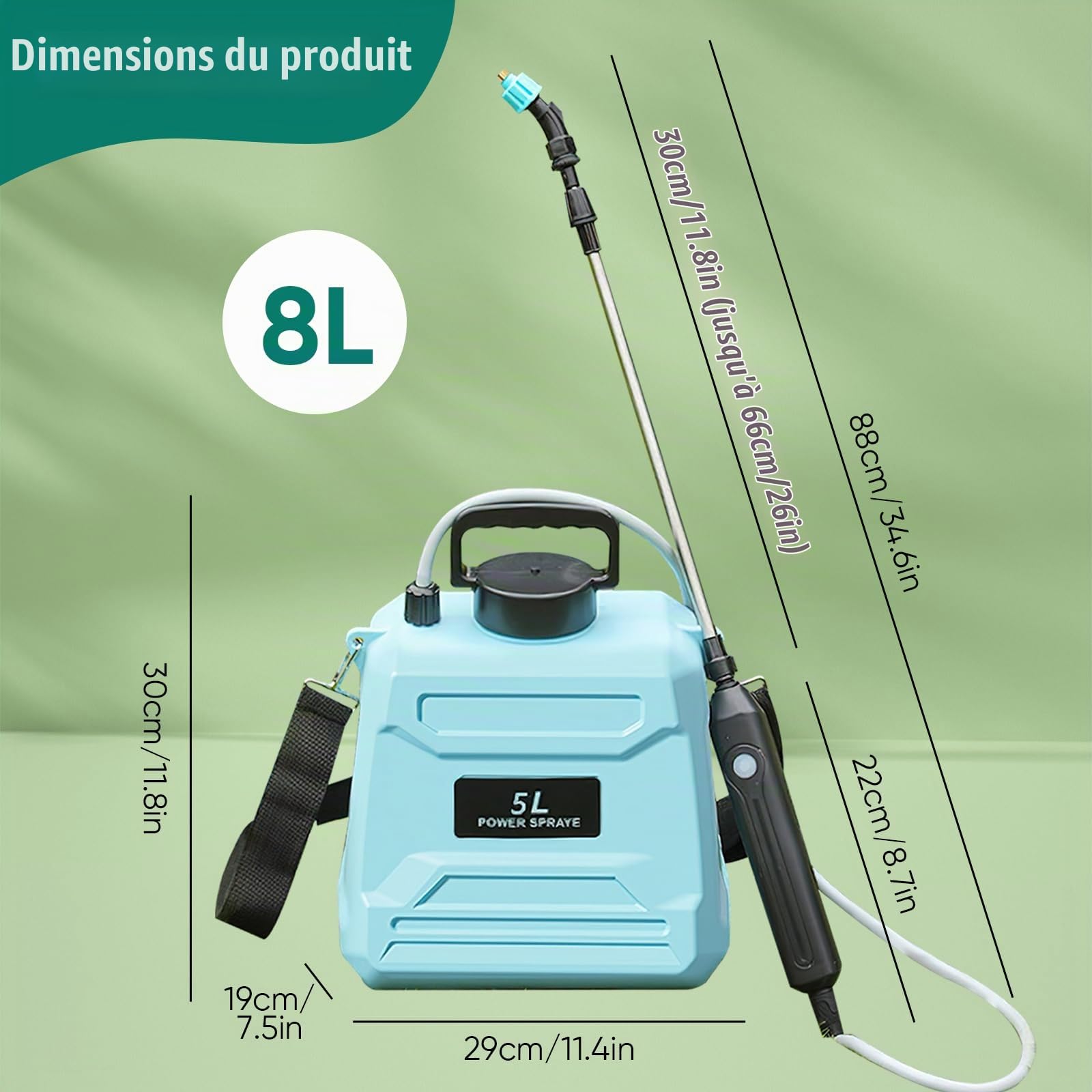 Pulvérisateur Électrique 5L/8L Rechargeable, Pulvérisateur à Dos Jardin avec 3 Buses Réglables et Canne Télescopique – Autonomie 120 Min, pour Arrosage et Désherbage (Vert - 8L)