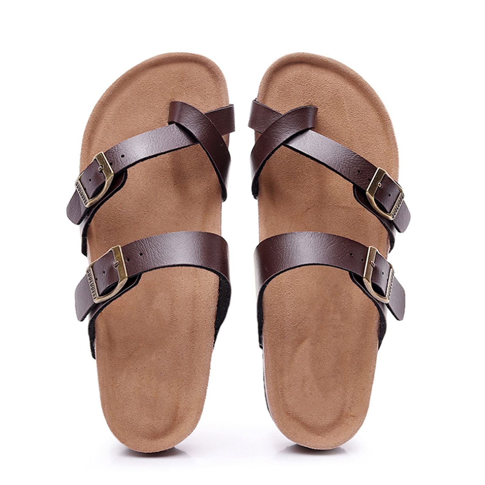 Women's Adjustable Double Buckle Cork Slide Sandals | Comfortable Arch Support | Faux Leather Straps