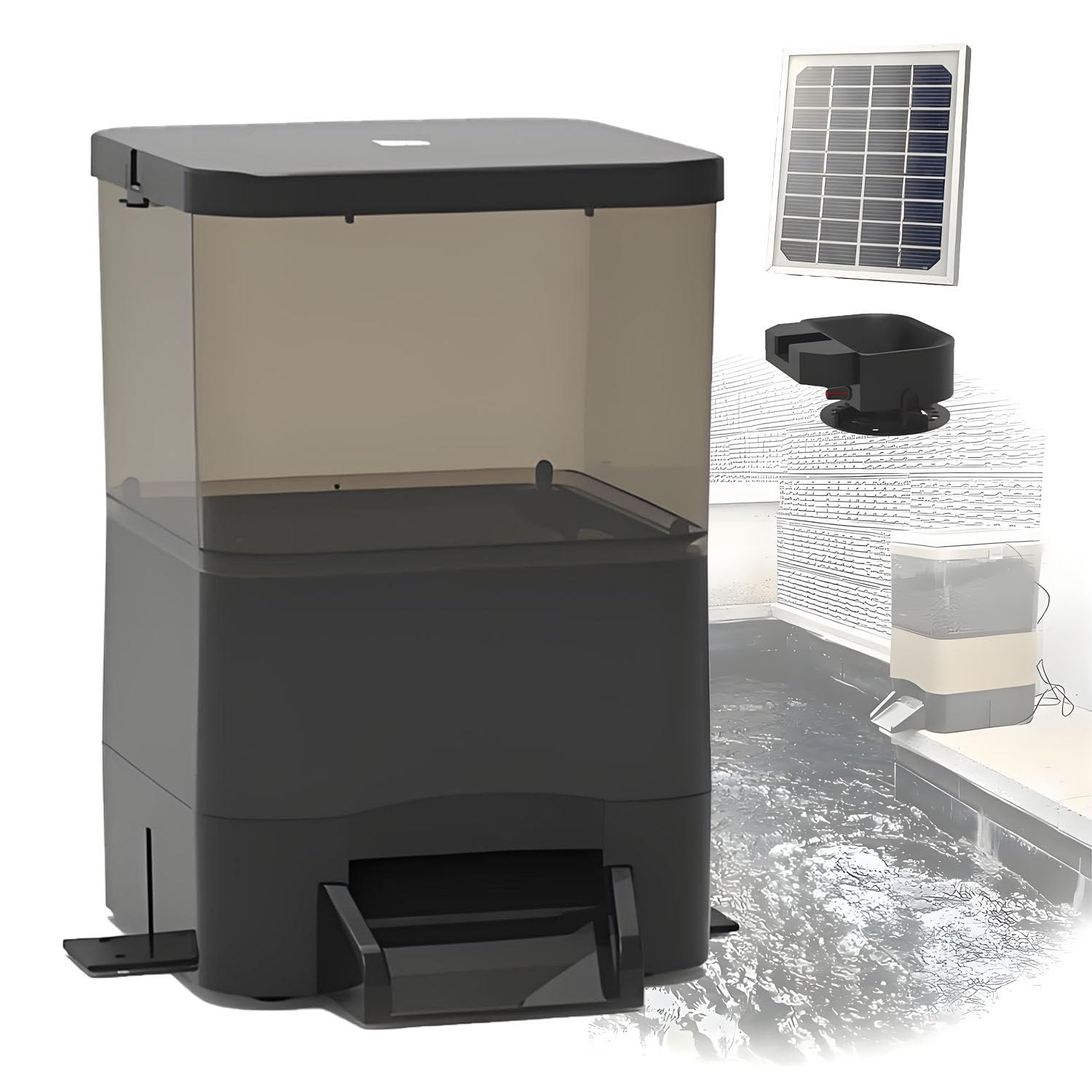 BOOZXCV Solar Automatic Fish Feeder with Timer - 120° Wide Dispersion, Large Capacity Dispenser for Koi, Goldfish & Outdoor Ponds - Aquarium Fish Food Solution (Black 10L)