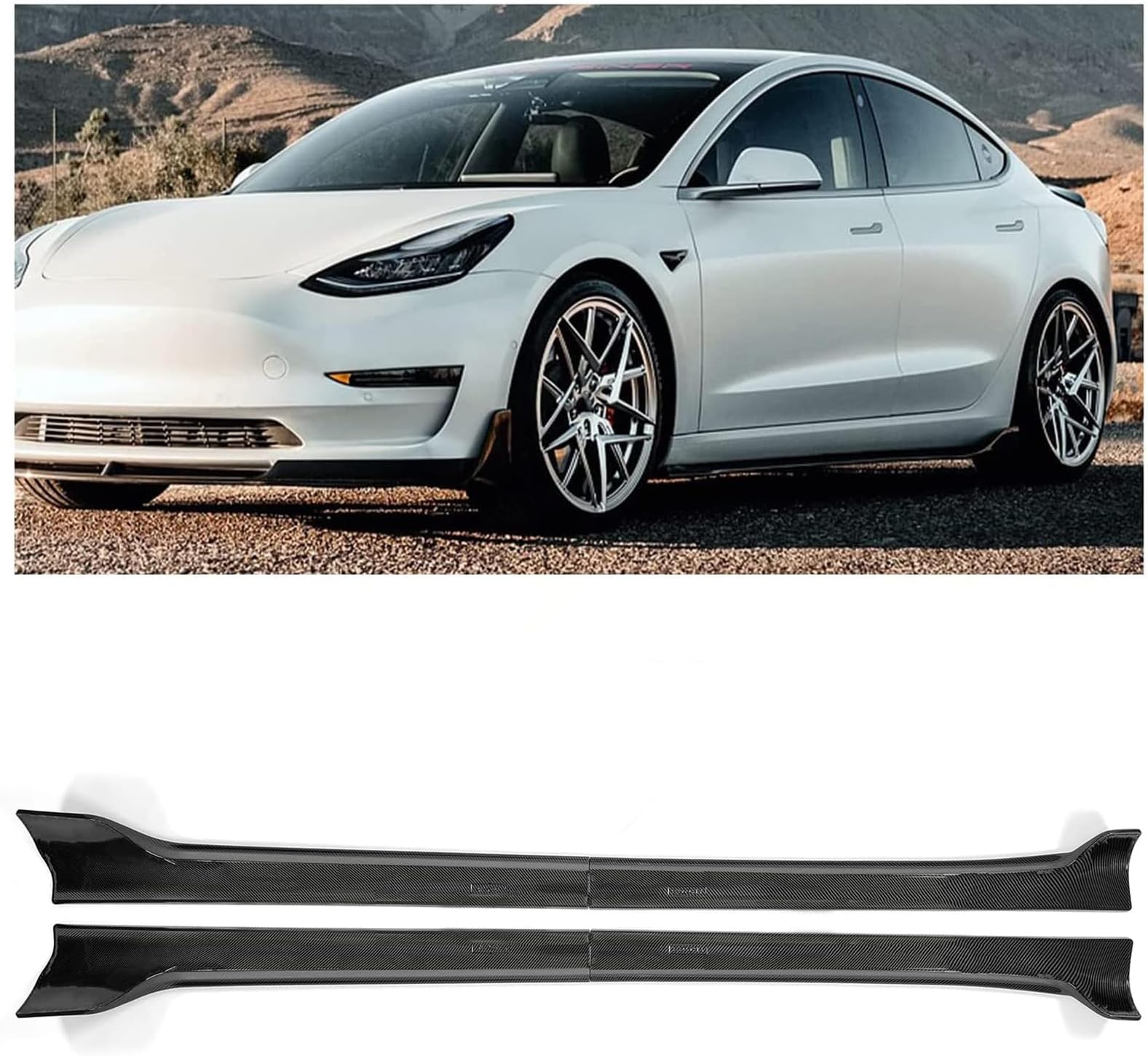 Kojem Side Skirt Extension Replacement 4Pcs Compatible with 2017-2023 Tesla Model 3 Carbon Fiber Printing Rocker Panels Guard Body Kit ABS Plastic Side Trim