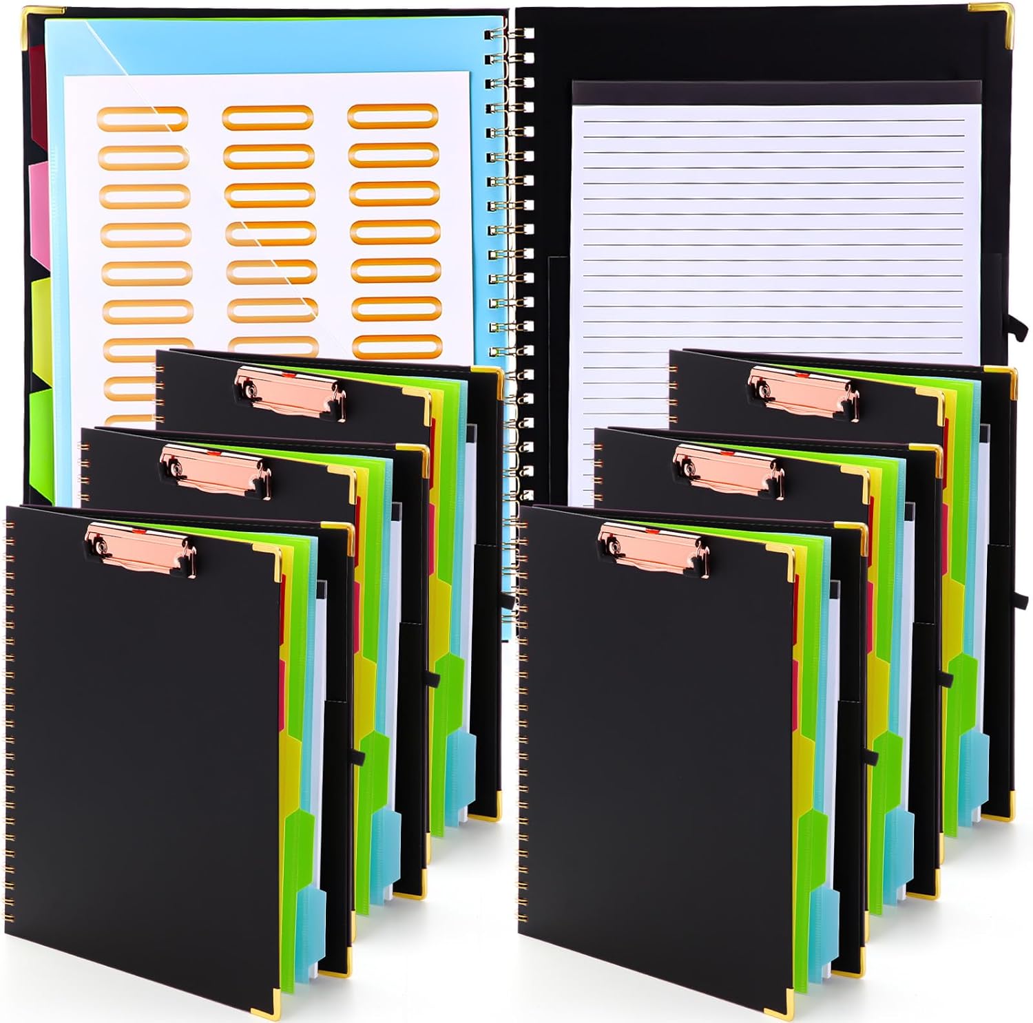 Seajan 6 Packs Foldable Spiral Clipboard, 5 Plastic Folders with 10 Pockets, Refillable Lined Notepad (11" x 8.5"), Black Hardcover Project Organizer with 39 Stickers for School Office
