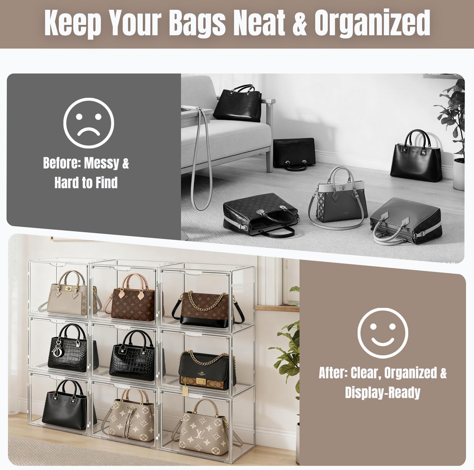 12 Pack Clear Handbag Storage Organizers Closet, Plastic Acrylic Handbag Purse Shoes Toy Display Case, Anti Dust Luxury Stackable Bag Container Box Magnetic Door Pocketbook Clutch, Transparent