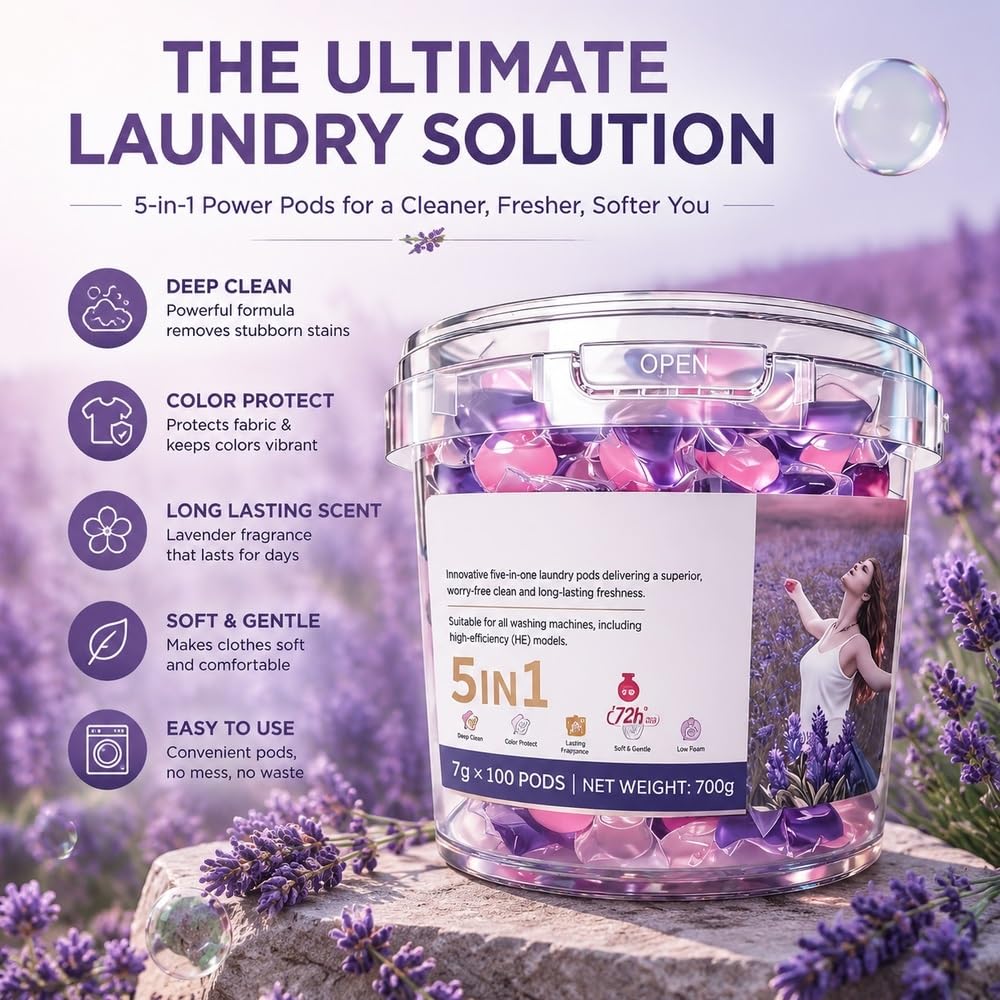 Cápsulas de lavandería 5 en 1 de lavanda, 100 unidades, aroma 72 h