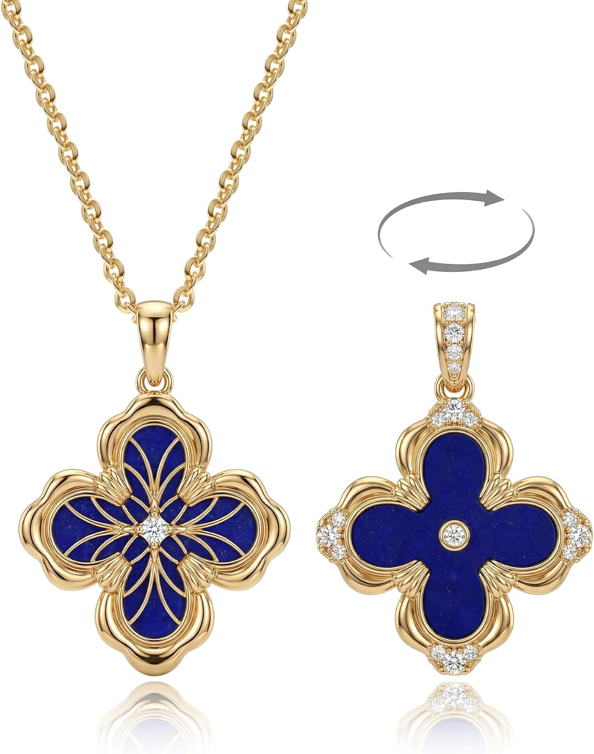 Fettero Dainty Gold Necklace for Women - Double Sided Pendant Necklace 14K Gold Plated Charm Clover Necklace Jewelry for Valentine's Day