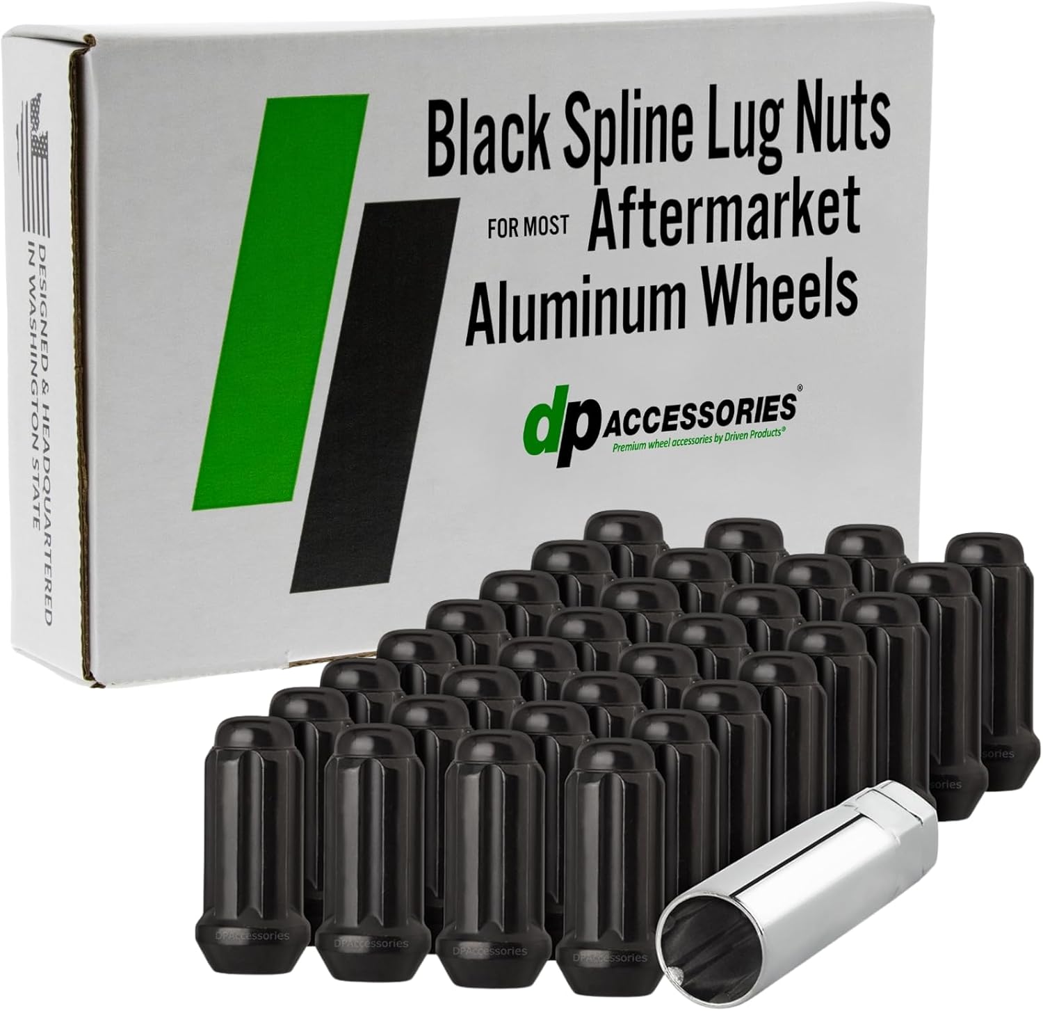 DPAccessories Lug Nuts Compatible with 2020-2025 GMC Sierra 3500 HD | Black Spline Style | Aftermarket Aluminum Wheels Only | Set of 32 Wheel Nuts & 1 Tool | DGMS3H05A-BK/1