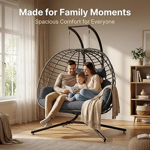 Miniatura 6 de SWITTE Silla doble de columpio en forma de huevo con soporte, hamacas de mimbre colgantes para patio al aire libre de 2 personas con cojín para Gris