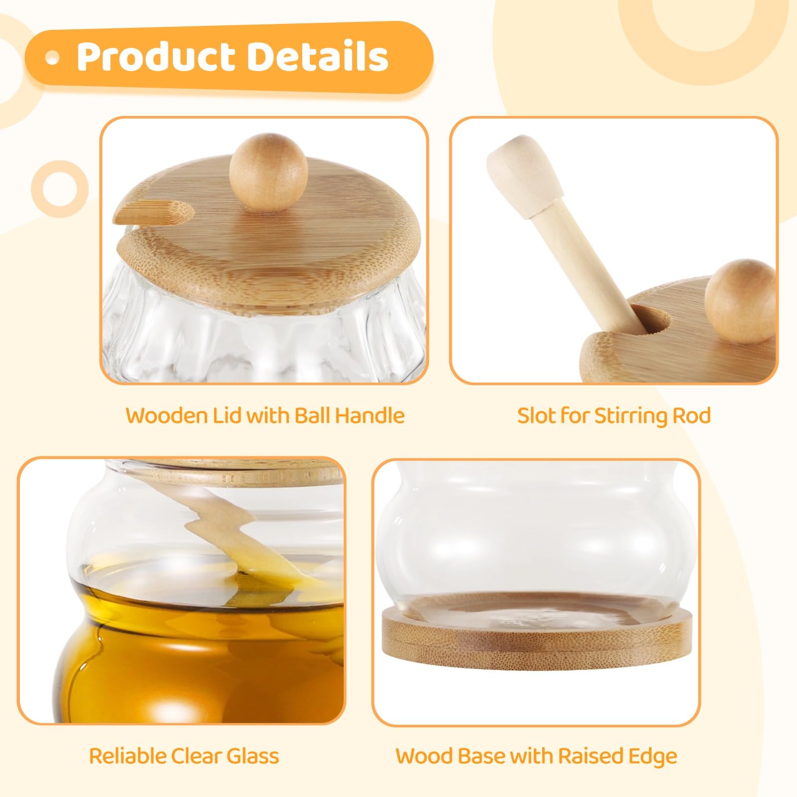 2 Stk. Honiggläser aus Glas, Honigbehälter mit Holzrührer, Weithals-Honigglas mit Holzdeckel und Sockel, Sirupspender für die Küche, Geschenk zu Weihnachten und Muttertag, 11 oz und 14,2 oz