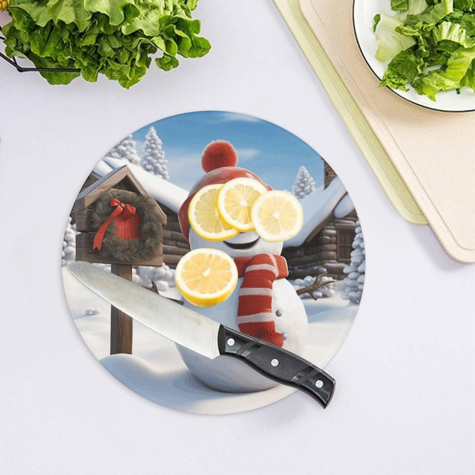 Tabla de cortar redonda de muñeco de nieve fácil de limpiar, tablas de cortar para cocina, tamaño grande 7.9, tablas de cortar esenciales de cocina, convenientes para carne y verduras