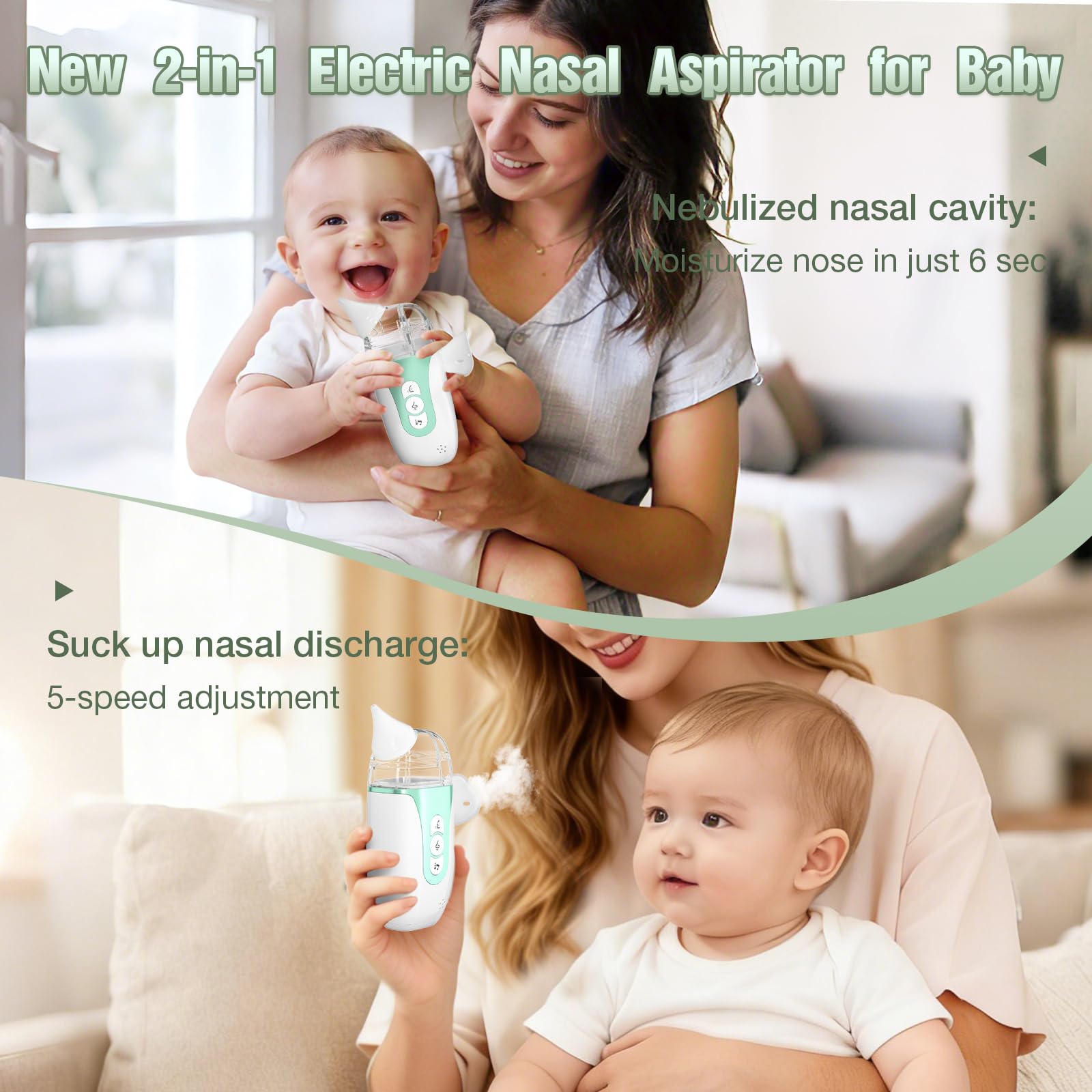 Smart Baby - Aspirador nasal eléctrico 2 en 1 para niños pequeños con aerosol, succión de 5 niveles, música relajante, 2 puntas de silicona, carga USB-C, estuche de almacenamiento, aspirador nasal