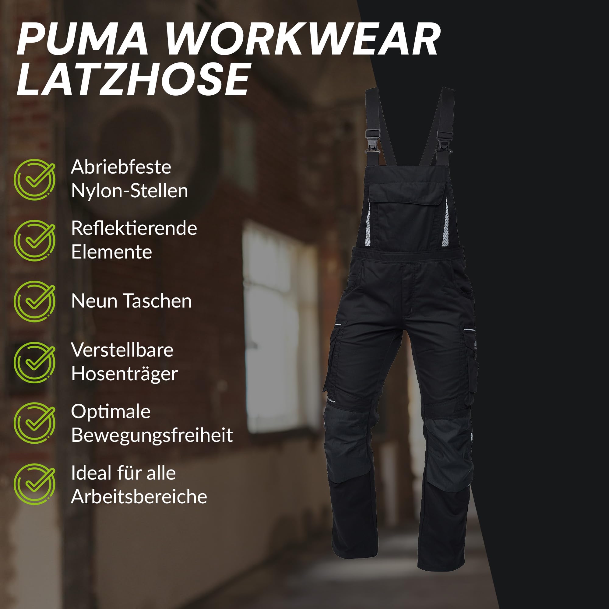 PUMA Workwear Latzhose Herren mit Multifunktionstaschen - Arbeitshose mit verstärktem Nylon Gewebe - Berufsbekleidung für Mechaniker, Handwerker, Elektriker und viele mehr