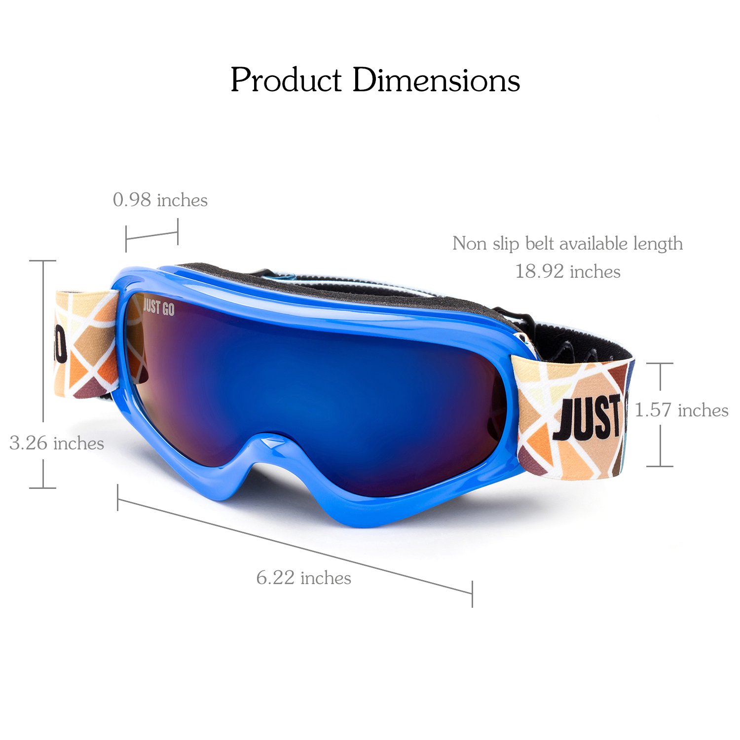 JUST GO Gogle narciarskie dla dzieci z etui EVA, gogle snowboardowe, przeciwmgielne, dwuwarstwowe soczewki ochronne UV 400, dla chłopców i dziewczynek, niebieska ramka, niebieskie soczewki REVO (VLT