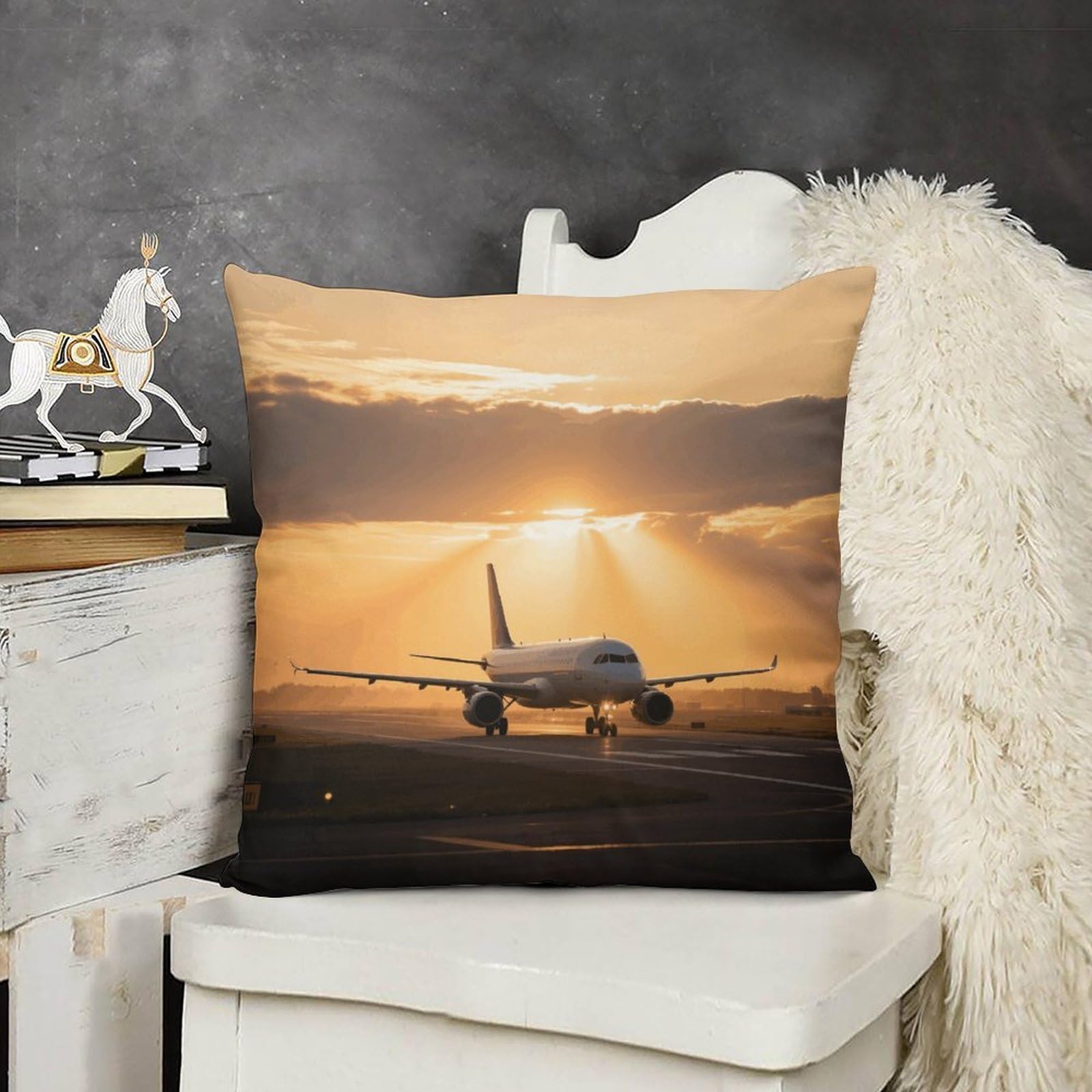 FodPand Boho Farmhouse Airplane at Sunset Pillow Covers with Hidden Zipper 24x24 Soft Plush Cushion Cover Decorative Throw Pillow Cases for Couch Bed Sofa Living Room Indoor Outdoor Home Decor