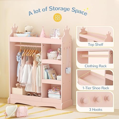 Miniatura 5 de Curipeer Almacenamiento de disfraces para niños con espejo, armario para niños con 3 ganchos, armario para niños y niñas, armario organizador de