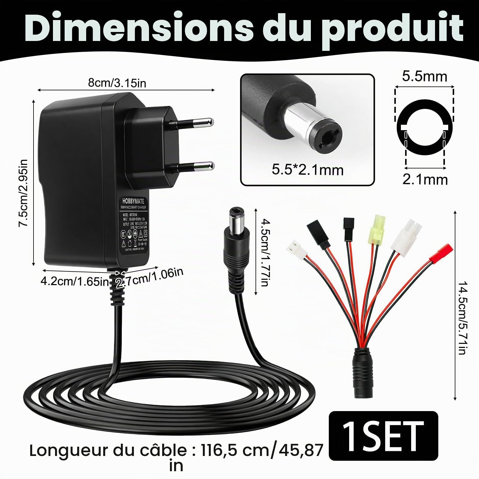 Intelligent RC Chargeur 16V pour 2-10S NiMH/NiCD, Chargeur RC Voiture/Bateau/Avion/Airsoft avec 6 Adaptateurs Universels (Tamiya, Mini Tamiya, SM 2P, JST, HuanQi, XH), Chargeur Batterie Modélisme