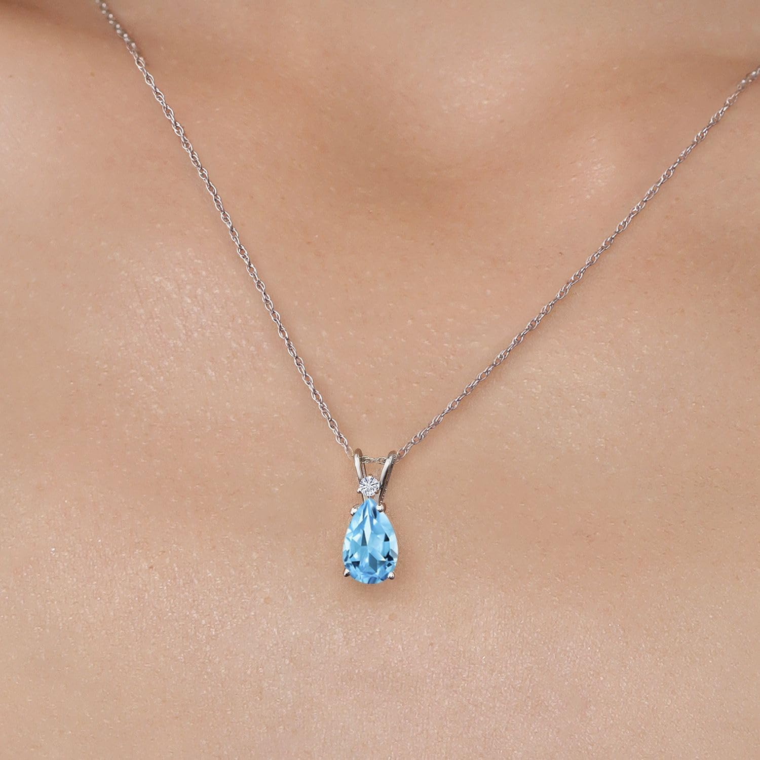 Gem Stone King 14K White Gold Swiss Blue Topaz and White Moissanite Pendant Necklace for Women | 2.31 Cttw | Gemstone November Birthstone | Pear Shape 10X7MM | With 18 Inch Chain - Image 3