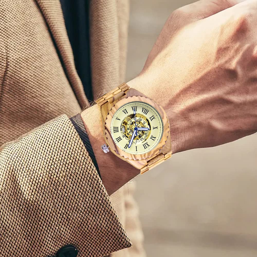 Relojes de madera para hombre, mecánico, automático, movimiento automático, reloj de pulsera para hombre
