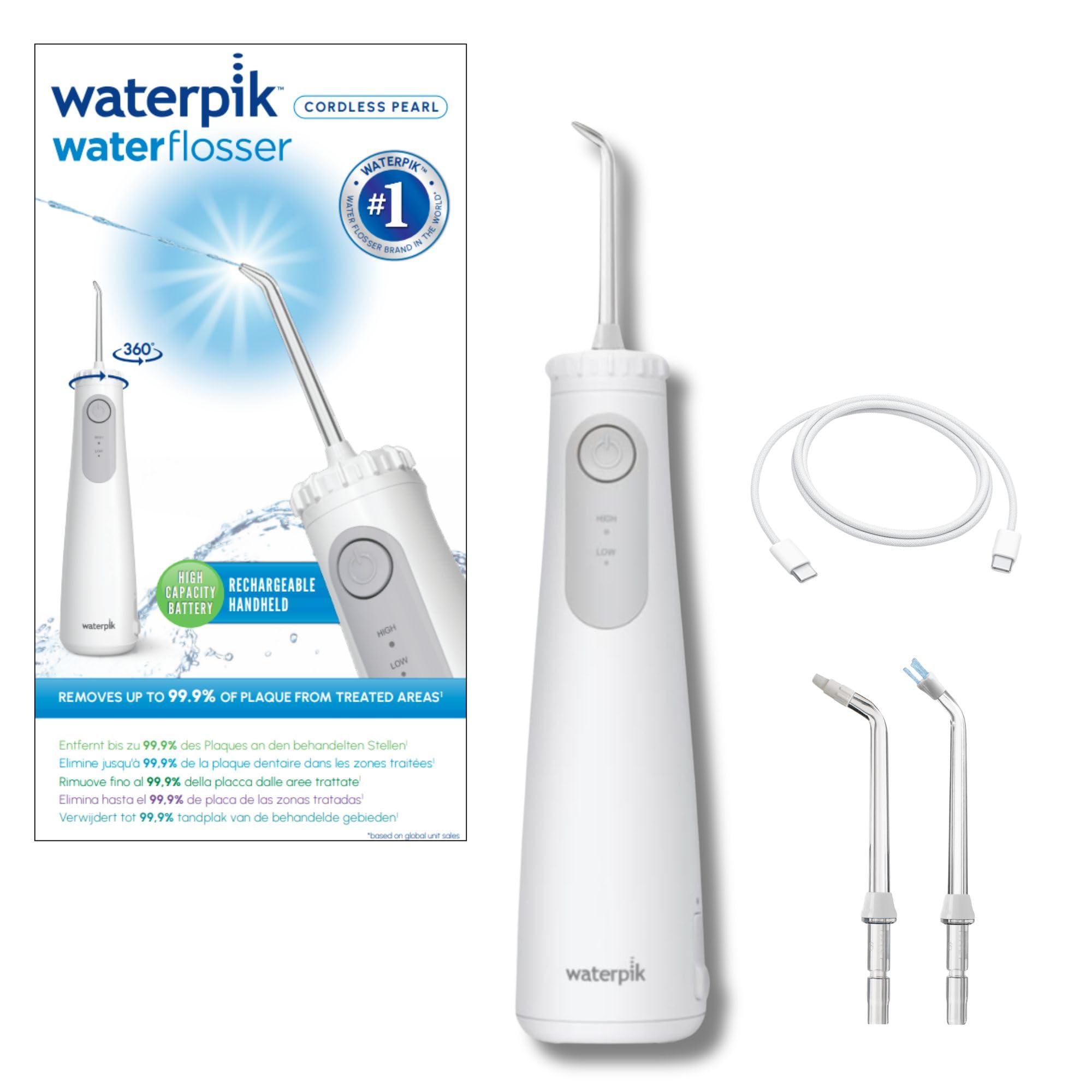 Waterpik Pearl kabellose Munddusche, Testsieger 2026, entfernt 99,9 Prozent des Plaques, Power Akku (9 Wochen Nutzung), 2x effektiver als Zahnseide, wasserdicht, weiß