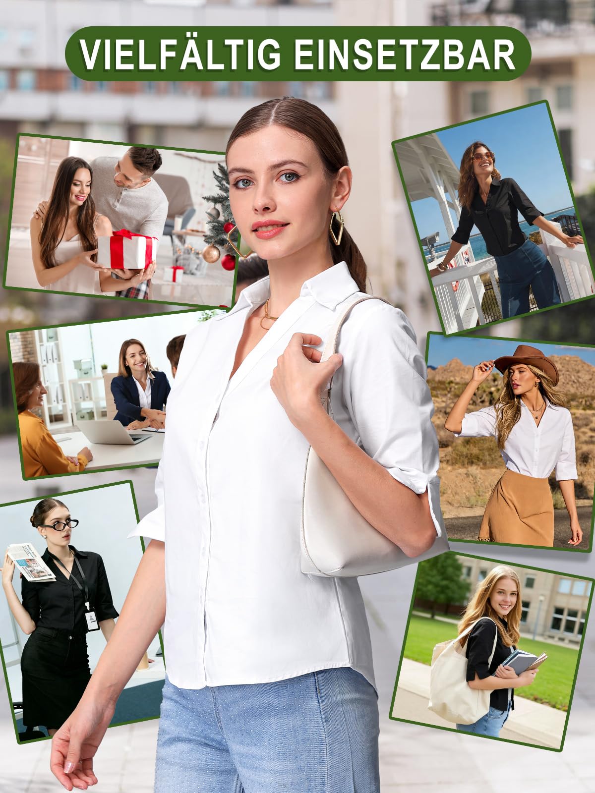 Bluse Damen 3/4 Ärmel Hemdbluse 100% Baumwolle Blusen Damen Sommer V-Ausschnitt Business Blusen Weiße