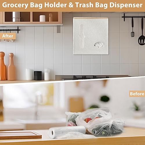 Miniatura 5 de Fanousy Soporte 2 en 1 para bolsas de comestibles y dispensador de bolsas de basura montado en la pared, caja de plástico para bolsa de basura de 13