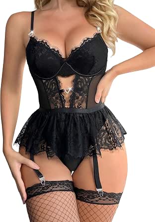 Set Lingerie FEOYA Teddy Babydoll Con Perizoma E Collana - Pizzo, Spalline Incrociate, Ferretto, Sensuale - 2