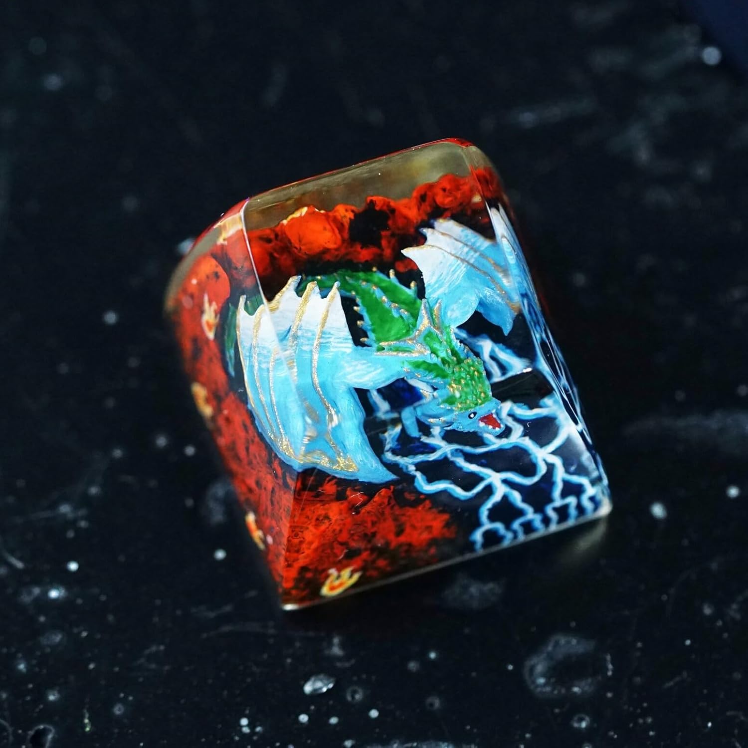 Blue Dragon with Volcano Artisan Keycap R1 SA Profile Custom Fantasy Dragon Keycaps 1U ESC Handmade Gaming Resin Key Cap Cherry MX Switch Compatible Mechanical Keyboard Dragon Lover Gift