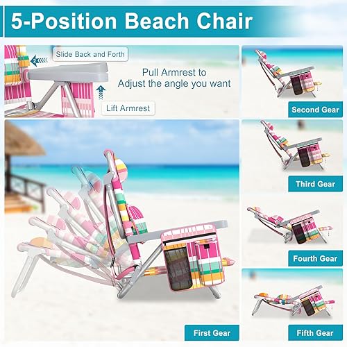 Miniatura 7 de Suteck Silla de playa, mochila ajustable de 5 posiciones, sillas de playa para adultos y niños, silla plana plegable con bolsa enfriadora,