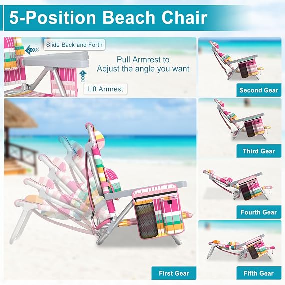 Suteck Beach Chair, Adjustable 5-Position Backpack Beach Chairs for Adults Kids, Foldable Lay Flat Chair with Cooler Bag, Cup Holder and Lumbar Pillow, Reclining Lay Down Chairs (Rainbow Pink)