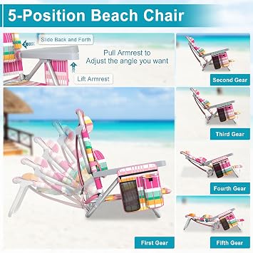 Suteck Beach Chair, Adjustable 5-Position Backpack Beach Chairs for Adults Kids, Foldable Lay Flat Chair with Cooler Bag, Cup Holder and Lumbar Pillow, Reclining Lay Down Chairs (Rainbow Pink)