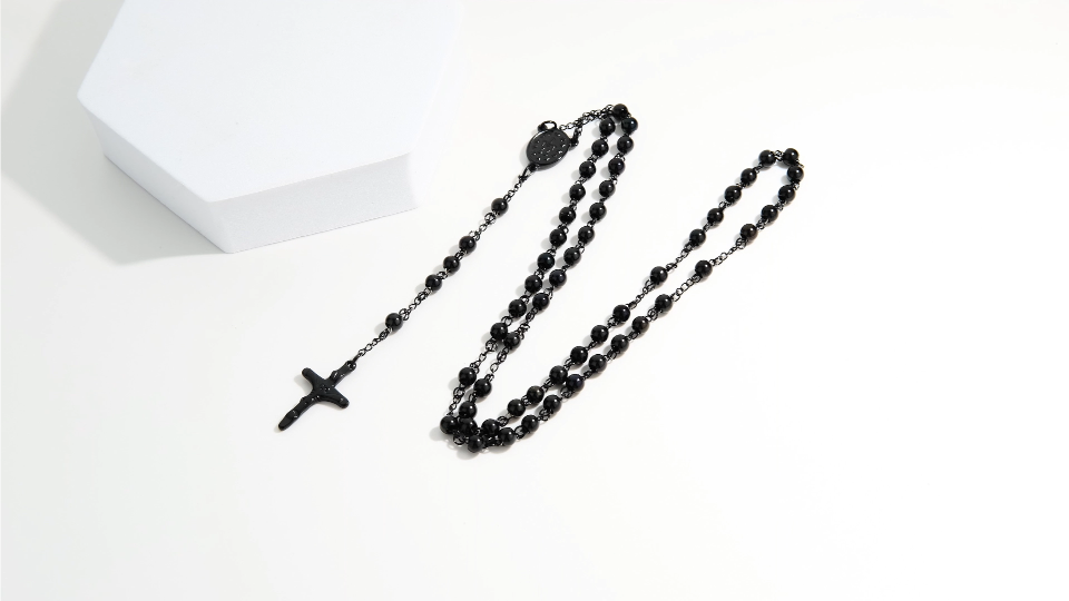 Collana Uomo Croce Acciaio Inossidabile - Rosario Con Perline - Foto 4