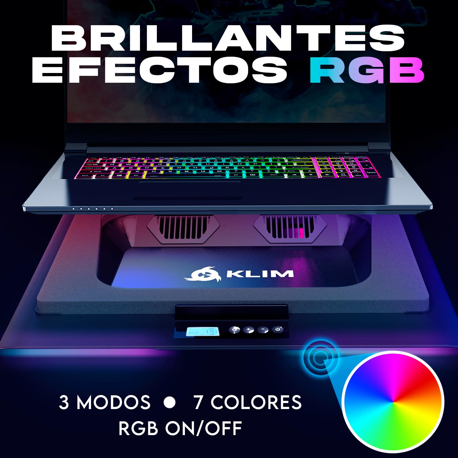 KLIM Everest Plus Base Refrigeradora Laptop Gaming - Ventilador 6300 RPM | Base refrigeradora DC con dos ventiladores turbo, luces RGB, espuma sellada - enfría rápido. Para laptops 11-17,3 pulg.