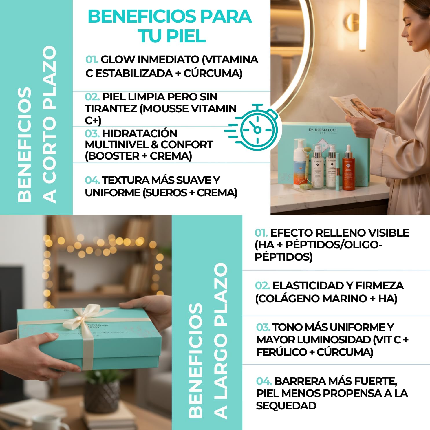 Dr. Dermaluci Lab - Set Regalo Mujer/Hombre Cumpleaños BIO 460ml - Antiarrugas, Iluminador - Mousse + Serum Vitamina C + Booster + Crema Colageno + Rodillo Jade + Serum Pestañas - Made in Italy