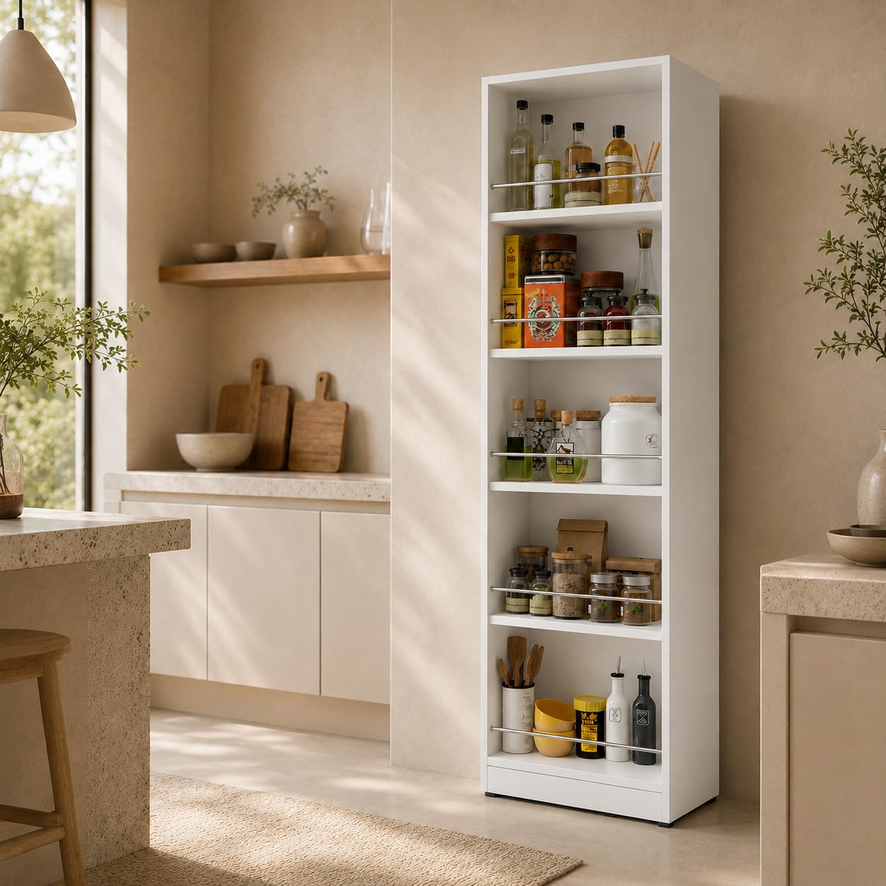 Studio Kook Cucina Tall Kitchen Cabinet - Open Pantry Shelving Unit with Metal Guard Rails, 8kg Shelf Capacity (180 x 60 x 27.5 cm) (Moonshine White, Matte Finish)
