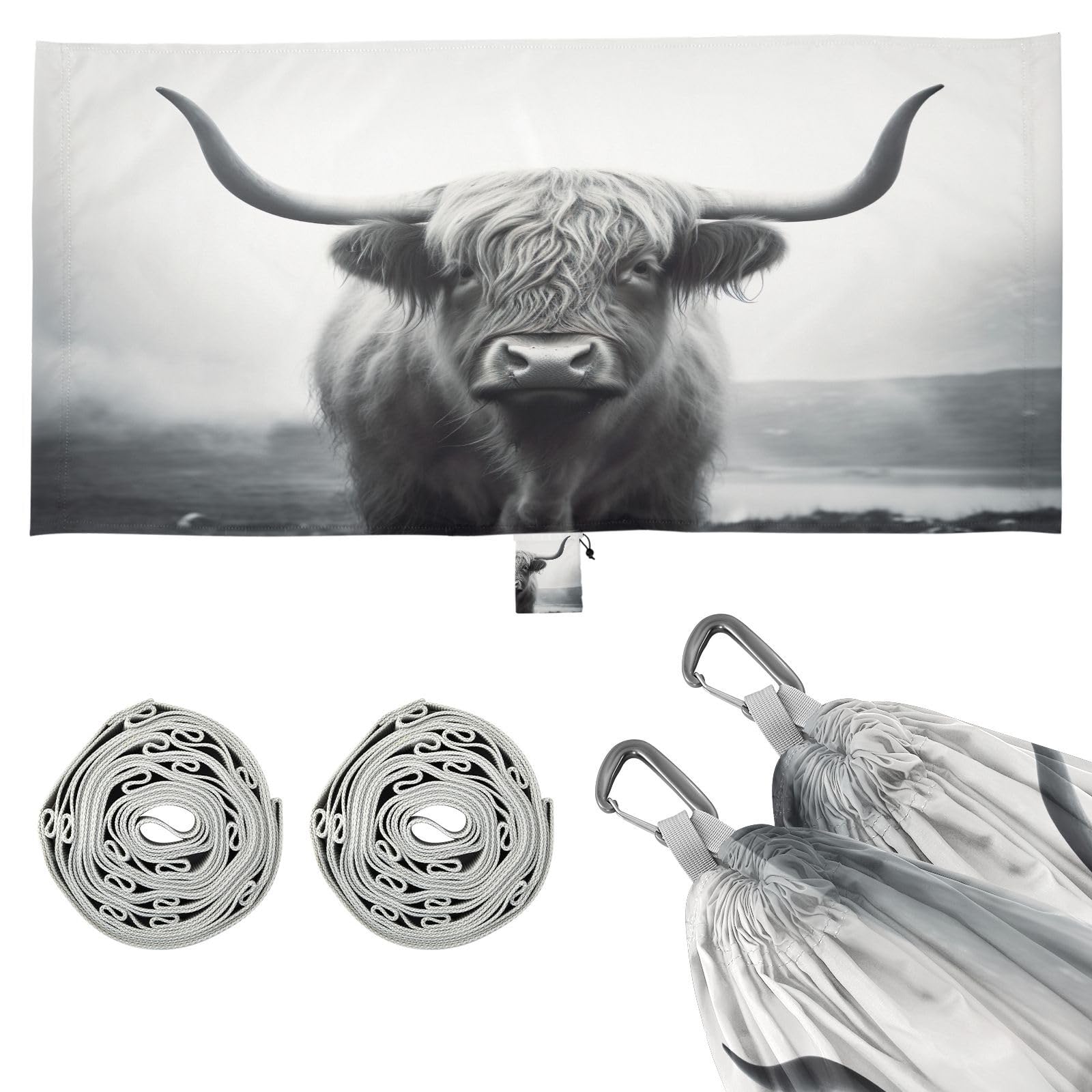 Haskirky Highland Cow Camping Hammock, Single Portable Hammocks with Tree Straps & Attached Carry Bag, 330Lbs Capacity Perfect for Outside Indoor Hiking Beach Backpack Travel