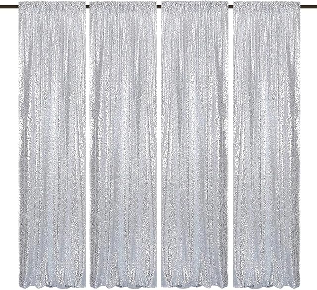 Silver Sequin Backdrop 2FTx8FT 4 Panels Silver Backdrop Curtains for Parties Glitter Backdrop Photo Background for Wedding Baby Shower