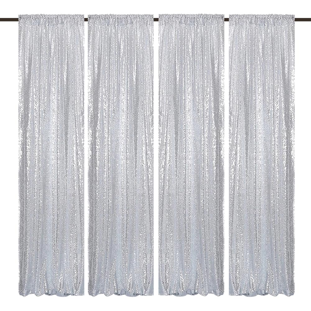 TCBESTO Silver Sequin Backdrop 2FTx8FT 4 Panels Silver Backdrop Curtains for Parties Glitter Backdrop Photo Background for Wedding Baby Shower