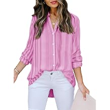 Mutitop Womens Button Down Shirts Striped Dress Shirts Long Sleeve Textured Blouse Collared Work Office Top Casual Tunic - Hot Pink Strip XL