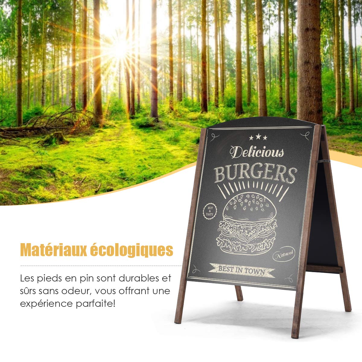 GOPLUS Panneau Publicitaire Extérieur, Tableau Noir, Porte-affiche Sur Pied en Bois, Essuyage et Pliable, Pour Publicité Promotion Restaurant Cafétéria Bar Bistrot (60 x 65 x 101cm)
