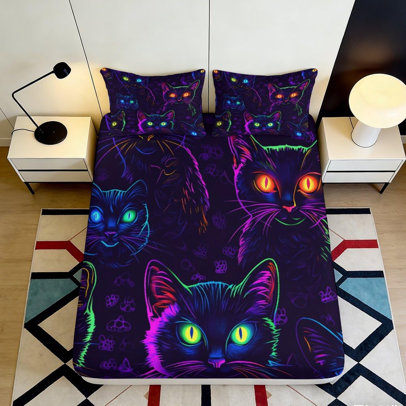 3D Printed Neon Cat Fitted Sheet Microfiber Soft Bedroom Decor Glow Eyes Bed Cover Anti-Slip Machine Wash 90x200x25cm