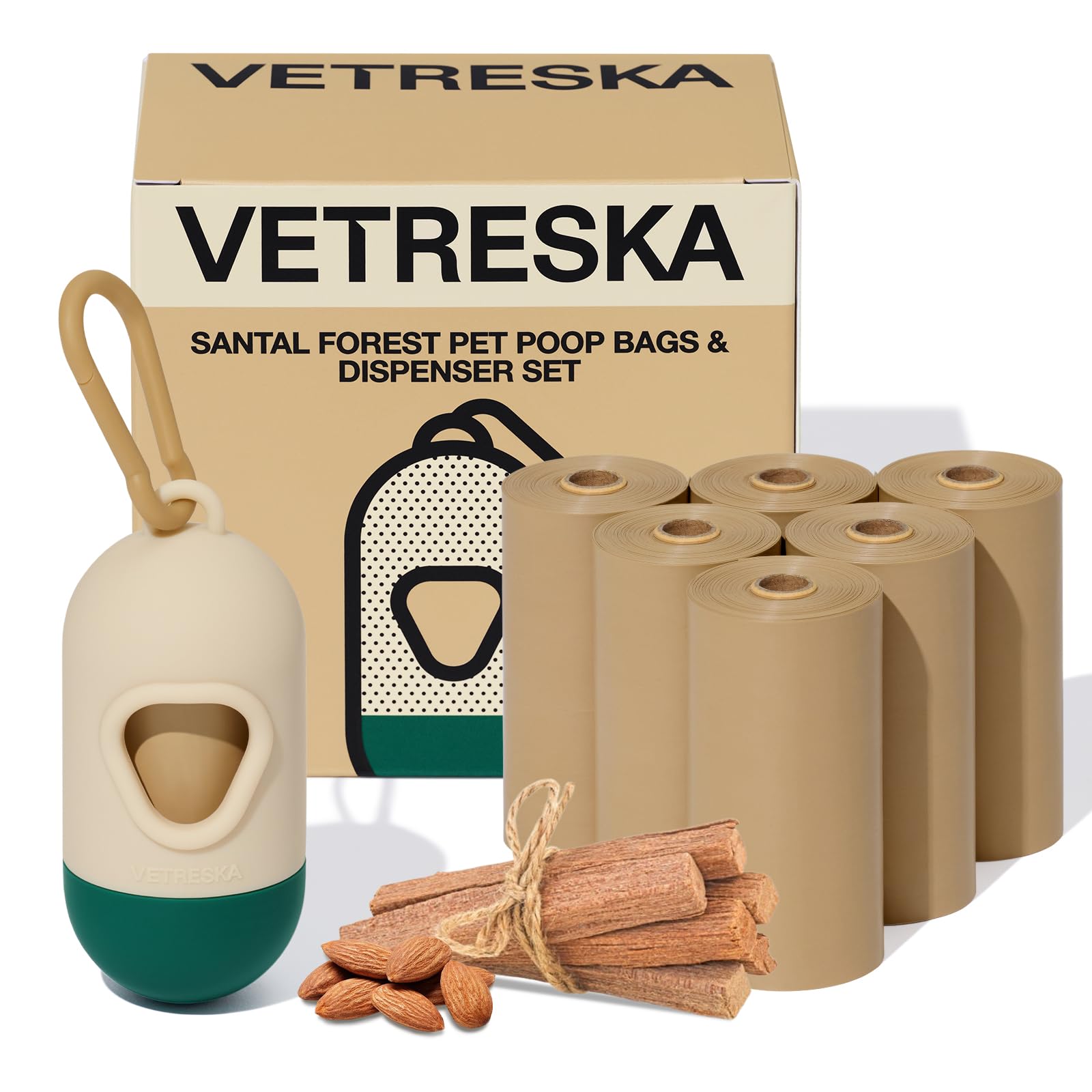 VETRESKA Dog Poop Bag with Dispenser, Leak Proof, Extra Thick Pet Waste Bags for Dog Walking and Cat Litter, Sandalwood & Almond Scented, 1 Count Bag Holder and 105 Bags (7 Refill Rolls)