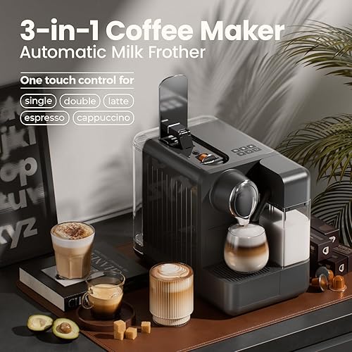 Miniatura 2 de Máquina de café expreso con espumador de leche automático integrado, compatible con cápsulas, cafetera de una sola porción compatible con cápsulas,